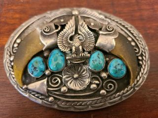 Vintage Navajo Turquoise And Faux Bear Claw.  Sterling Silver Belt Buckle