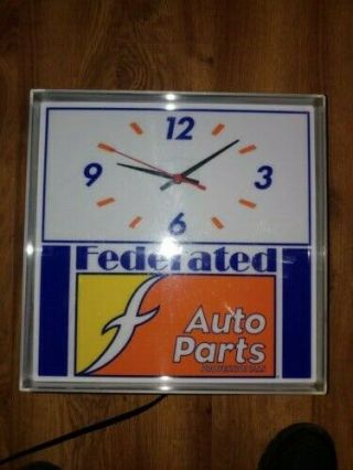 Vintage Federated Auto Parts Wall Clock Lights Up & Great