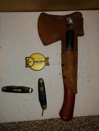 Vintage Boy Scouts Of America Plumb Hatchet Axe W/knife,  2 Bsa Penknives,  Compass