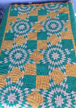 Vintage Hand Quilted Cotton Star And Block Quilt Green And Orange
