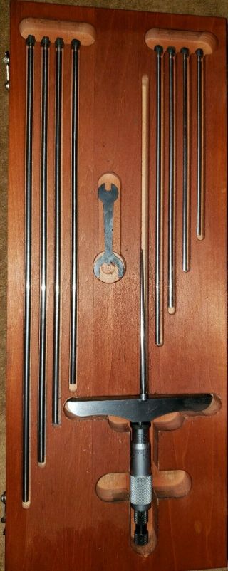 Starrett No.  445 Vintage Micrometer Depth Gauge/ratchet & 9 Rods - Usa