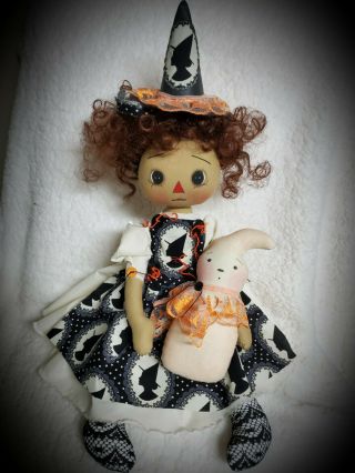 Primitive Folk Art Raggedy Ann Pretty Witch Doll W/ghostie Friend/17 " /fancy Hat