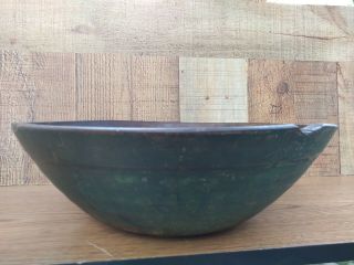 Wooden Dough Bowl Early Primitive Trencher Antique Green Paint