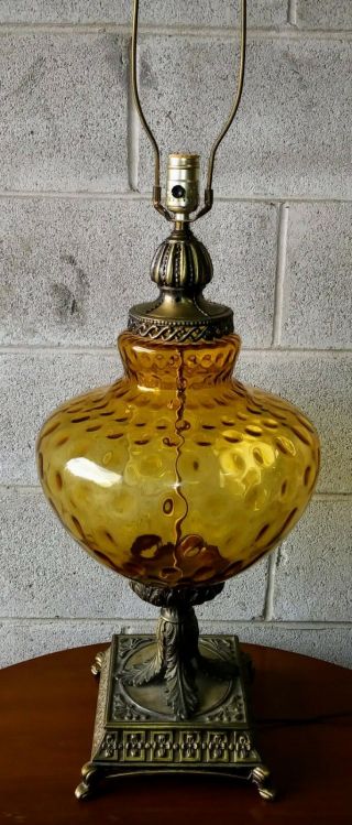Large Vintage Mid Century Amber Glass Table Lamp Hollywood Regency
