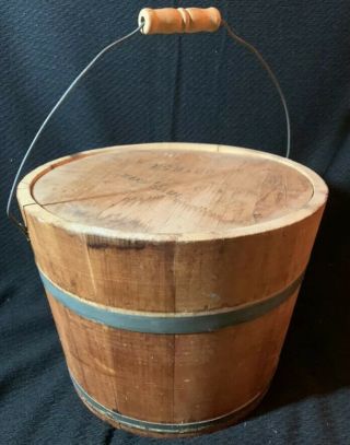 Vintage Antique Primitive Advertising Wooden Bucket W Handle And Metal Strap