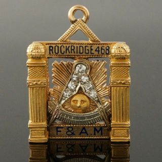 Solid 14k Gold,  Enamel & Diamond Masonic Rockridge Lodge 468 F & A.  M Pendant