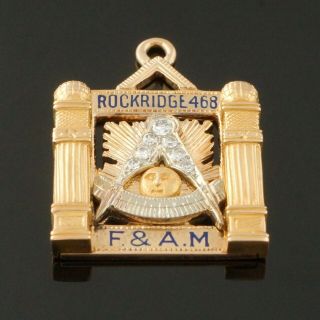 Solid 14K Gold,  Enamel & Diamond Masonic Rockridge Lodge 468 F & A.  M Pendant 3