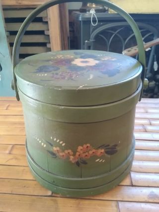 Antique Toll Painted Wooden Firkin Bucket With Lid
