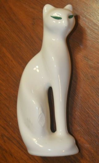 Vintage Mid - Century Modern Ceramic White Cat Kitty Statue With Green Eyes 8 "