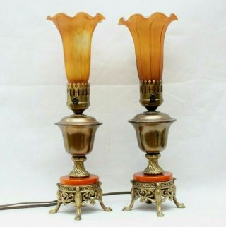 Vintage Tulip Satin Ruffled Amber Glass Shade Brass Red Marble Boudoir Lamps