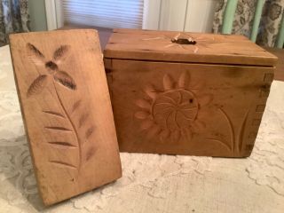 Antique Wooden Butter Mold Press Flowers Covering Rectangular Dovetailed Box