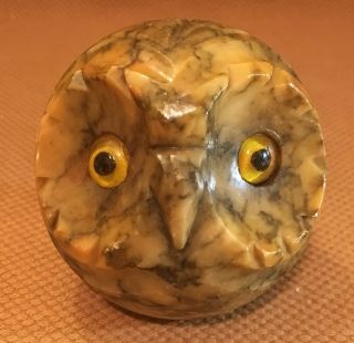 Vintage Hand Carved Alabaster Owl Paperweight Made In Italy