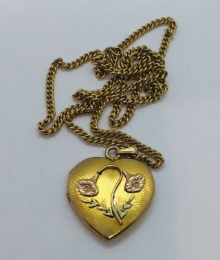 Antique Victorian Yellow Gold Filled Heart Shaped Flower Locket Pendant Necklace