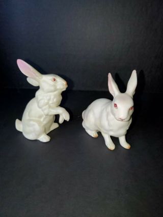 Set Of 2 Vintage Lefton White Bunny Rabbit Hand Painted Figurines Albino H880