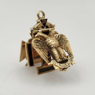 14k Gold 32 Degree Masonic Mason (1921) Double Eagle Hinged Triple Pendant