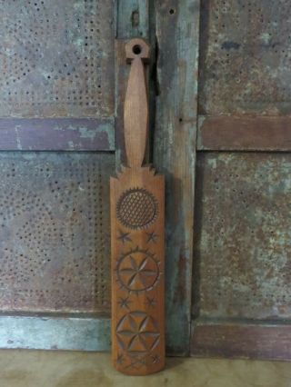 Old Lollipop Style Wood Butter Mold Paddle Carved Geometric Star Signed Ww