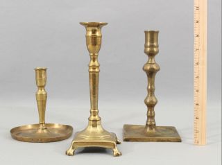 3 Antique Very Early 18thc Brass & Bronze Candlesticks Candle Holders