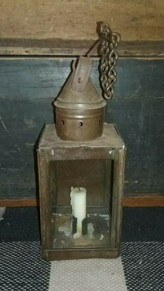 Early Antique Primitive Squared Lantern W/ Glass Sides 12.  5 " T Chain Hanger