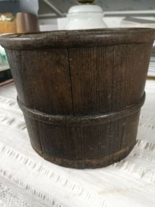 Sm.  Antique Oak Wooden Stave Bucket Pail Forged Wrought Iron 1800s Primitive