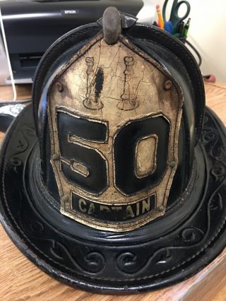 Vintage Cairns Fire Helmet Fireman Firefighter Ny Leather Captain Badge