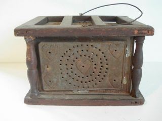 Antique Foot Warmer 18th / 19th C Punched Pierced Tin Heart Deorations