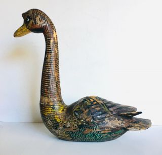 Antique Folk Art Carved Wood And Painted Goose Decoy Bird Wow