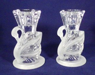 Vintage Pair Swan Shaped Crystal Candle Holders 4 " Tall Frosted Hollow Bases