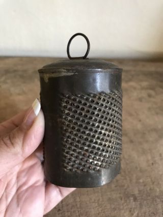 Early Round Antique Hand Punched Tin Nutmeg Grater Patina Aafa Cylindrical