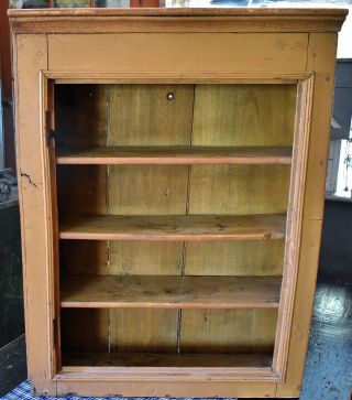 Antique Primitive Wooden Cabinet in Mustard Paint w/ Square Nails 2