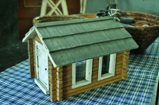 Antique / Vintage Handmade Folk - Art Miniature Wooden Log Cabin Doll House
