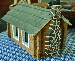 Antique / Vintage Handmade Folk - Art Miniature Wooden Log Cabin Doll House 3