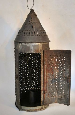 Antique Primitive 19th Century Punched Tin Lantern Light W/ Chimney
