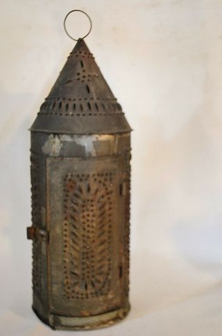 Antique Primitive 19th Century Punched Tin Lantern Light w/ Chimney 3