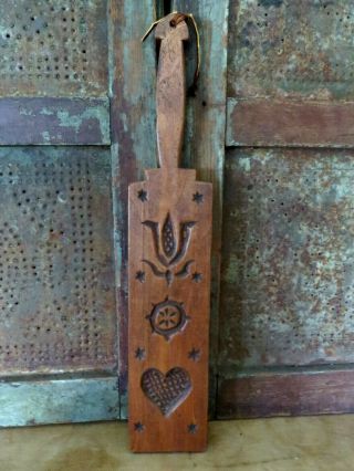 Old Lollipop Style Wood Butter Mold Paddle Carved Geometric Star Tulip Heart