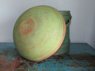 15 3/8 " X 14 5/8 " Wooden Dough Bowl - Primitive - Trencher - Antique - Green Paint
