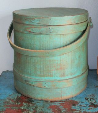 11 3/4 " Antique Firkin/sugar Bucket/wooden Blue Paint - Primitive Spice - Shaker