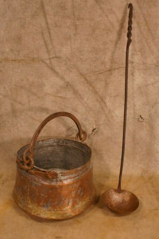 Antique 18th - 19th Century Primitive Copper Kettle And Copper Ladle