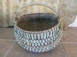 19th Century Dry Blue - Green Paint Handmade Basket Wood Handle Aafa