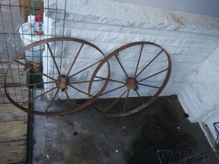 Antique Matching 26 “ Iron Spoke Farm Wagon Wheels Industrial Great Cond