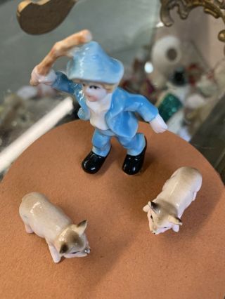 Vintage Miniature Hi Style Bone China By Bridge Boy In Blue & 2 Bone China Pigs