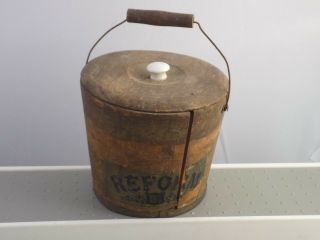 Antique Lidded Wood Stave Bucket Bale Handle 4 " Reform Paper Label