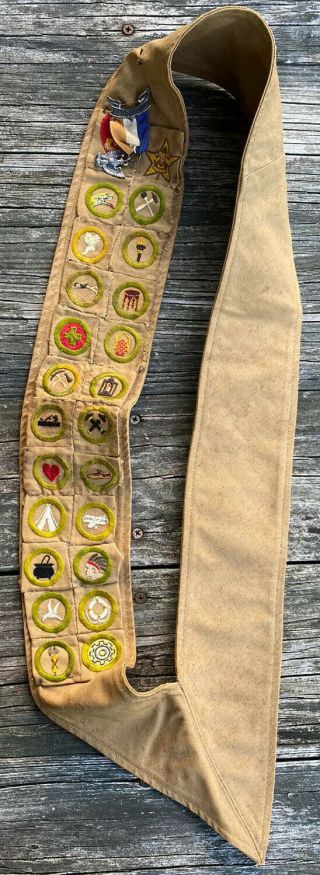 Boy Scout Sash 24 Merit Badges 1920s - 1930s W/ Sterling Eagle Pin Be Prepared