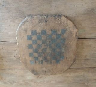 Early Antique 19th C Wood Gameboard Checkers Black Paint One Thick Board AAFA 2