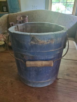 19thc Wooden Handled Bucket Dry Blue Paint - Nr