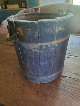 19thC Wooden Handled Bucket Dry Blue Paint - NR 2