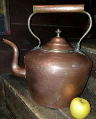 Tavern Size Early American 19th Century Copper Gooseneck Tea Kettle