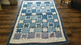 Old Well Worn Primitive Blue And White Calico Star Quilt.  Aafa.  Antique Textile