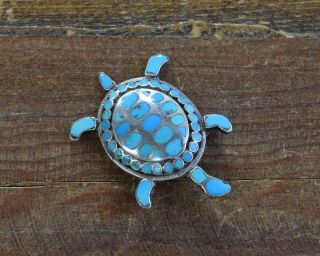 Southwestern Vintage Sterling Silver Turquoise Inlay Turtle Pin