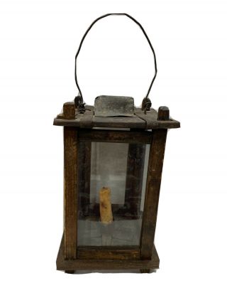Antique Primitive Wood Barn Lantern 8 1/4” Tall Candle Light Barn Lantern