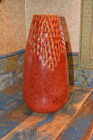 Vintage Large Mid Century Modern Vibrant Red Lava Vase 14.  5 " Tall German?